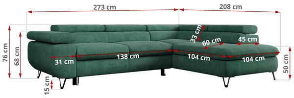 Mks Möbel 'Peter L-form' Ecksofa mit Bettfunktion, Bettkasten & einstellbaren Kopfstützen, Grün, Stoff, mit Topper, rechts Bild 7