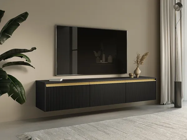 Vente-unique - POSINIA TV unit Holz, Platte Schwarz - B 39 cm x H 42 cm x L 181,5 cm