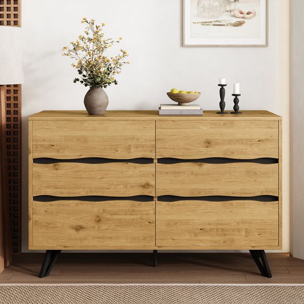 Merax Sideboard-Schrank mit 6 Schubladen – Holzoptik, Metallfüße, Viel Stauraum, Minimalistisches Design, Holzfarbe