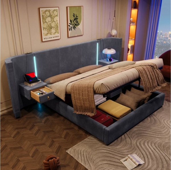 TavilaEcon Boxspringbett Polsterbett mit LED-Leiste und hydraulischem Stauraum, 2 Schubladen, USB + Type-C, 180×200cm