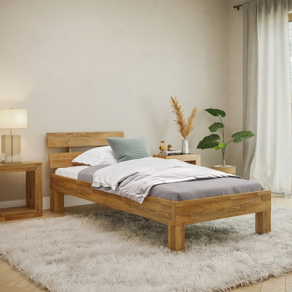 skølm 'Floki' Bett 100x200 cm, Bettgestell, natur geölt, Massivholzbett aus Eiche, Einzelbett mit Bettkopf