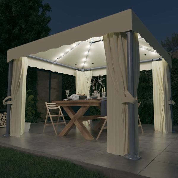 vidaXL Pavillon mit Vorhängen & LED-Lichterkette 3x3 m Cremeweiß 3070345