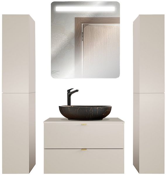 Lomadox Badmöbel-Set DURANGO-56, (Spar-Set, 4-St, LED-Spiegel Waschtisch Hochschränke), 80 cm breit, Keramikwaschbecken, kaschmir, 2 Schubladen