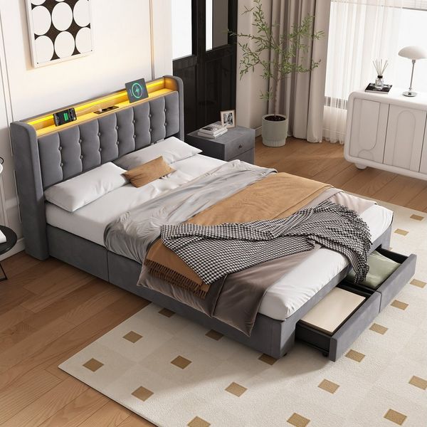 HAUSS SPOLE Polsterbett 90×200 mit bettkasten und Steckdosen Boxspringbett mit LED-Licht