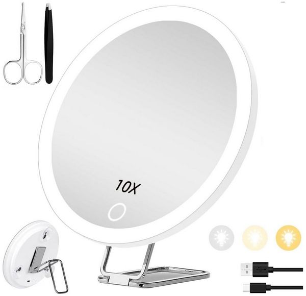 Senmudi Kosmetikspiegel Kosmetikspiegel Vergrößerungsspiegel mit Licht 3 Farbe Modi (Dimmen beleuchtete Make-up-Spiegel mit 10X Vergrößerung, große wiederaufladbare Reise, vergrößerte Spiegel, 3 Saugnäpfen), 360 ° Tisch Stand für Schminken Makeup Gesic...