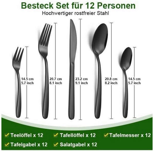 LuxusKollektion Kochbesteck-Set Besteck Set 12 Personen Edelstahl Gabeln Löffel Messer Schwarz 60pcs