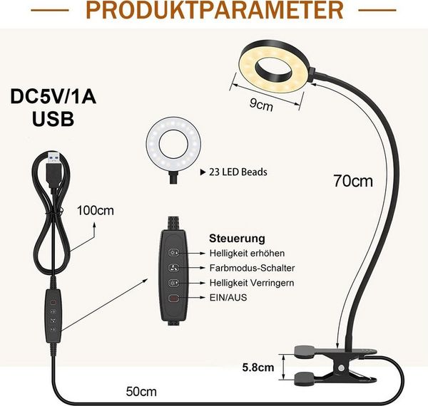 Rosnek LED Klemmleuchte Ringlicht, Clip-On, 3 Farben, dimmbar, für Kopfteil Büro Schreibtisch, 3000K Warmweiß, 4500K Naturweiß, 6500K Kaltweiß, flexibler Schwanenhals, USB