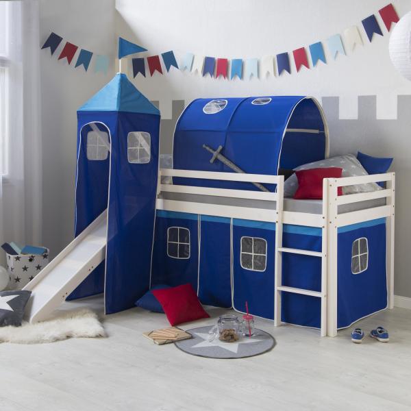 Homestyle4u Spielbett mit Tunnel, Turm und Rutsche, Blau, Kiefernholz blau / weiß, 90x200 cm