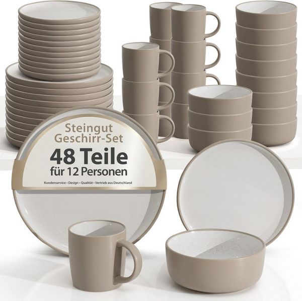 Hausfelder Geschirr-Set Steingut Geschirrset 12 Personen, 48teilig, Nordic Sand (48-tlg), 12 Personen, Steinzeug, spülmaschinen- & mikrowellengeeignet, Reaktivglasur