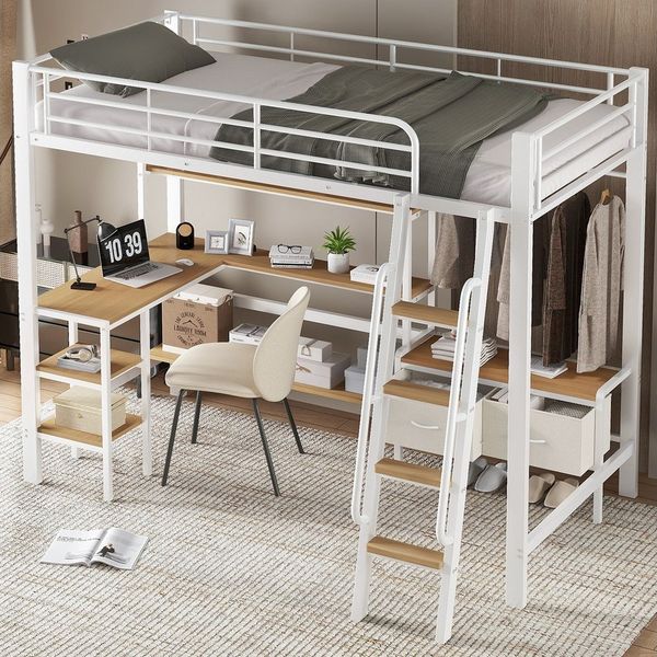 MODFU Kinderbett mit integriertem Schreibtisch (Hochbett mit praktische Aufbewahrungsregale und Stoffboxen, vierstöckige Schrägleiter, Eisenbett 90x200cm), ohne Matratze