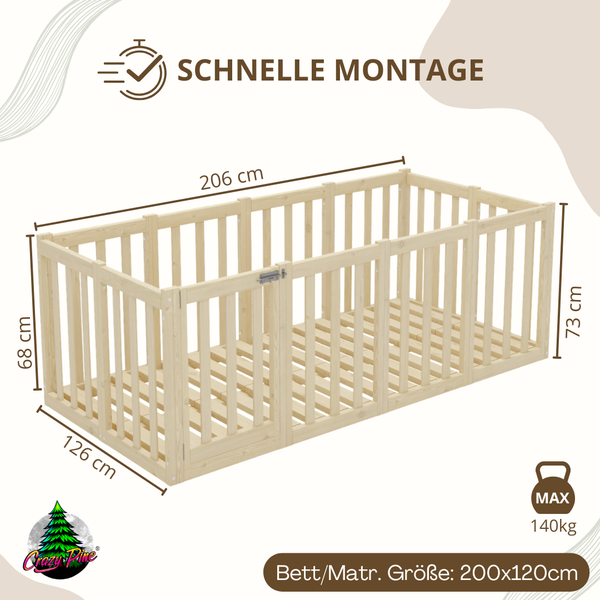Crazy Pine 'Crazy John' Kinderbett mit hohem Rausfallschutz 73 cm, Holz, Natur, 120x200 cm Bild 2