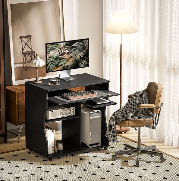 Computertisch 80 x 48 x 75 cm mit Tastaturablage und Rollen – schwarzer PC-Tisch aus PB-Platten