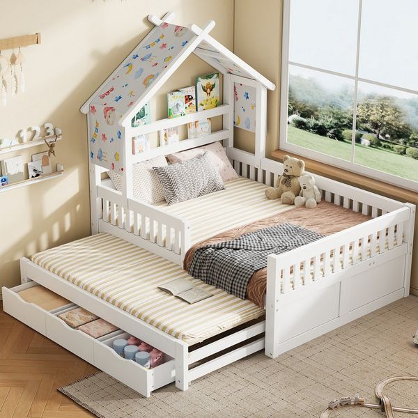 Merax Kinderbett 140x200 cm mit Haus-Design, Hausbett mit Dach und Ablage (1-tlg), Kiefernholz Kinderbett mit Ausziehbett,3 Schubladen,Sicherheitsgittern
