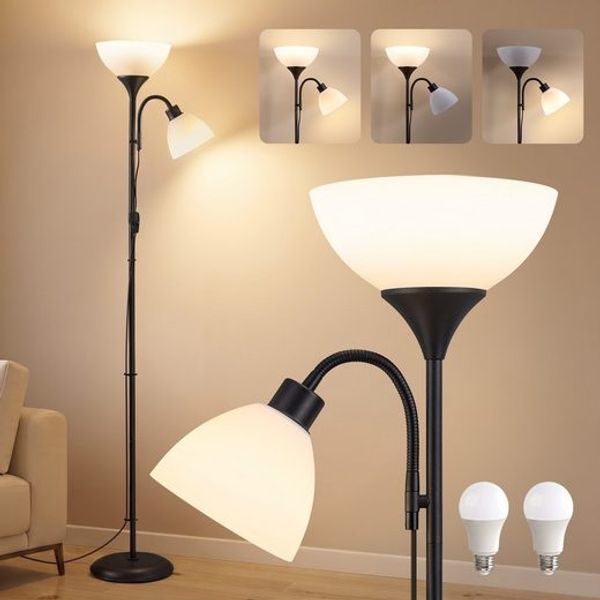 VASAGLE Deckenfluter Stehlampe mit Verstellbarer Leselampe 38,5 x 23,5 x 176 cm Schwarz