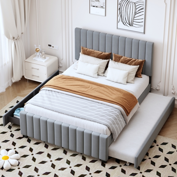 Polsterbett, Doppelbett mit Ausziehbett und zwei Schubladen, hautfreundlicher Samtstoff, Grau, 140 x 190 cm