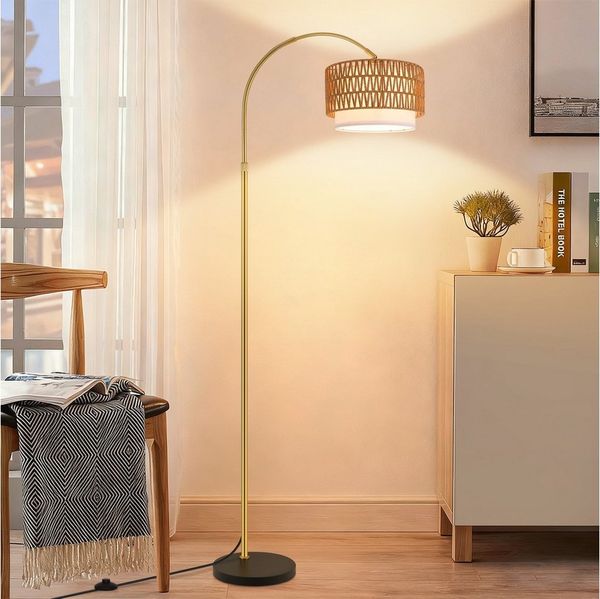 ZMH Stehlampe Boho Rattan Bogenlampe E27 LED Stehleuchten-mit 1 Glühbirnen, Vintage 165–180cm einstellbar 350° drehbar Standlampe