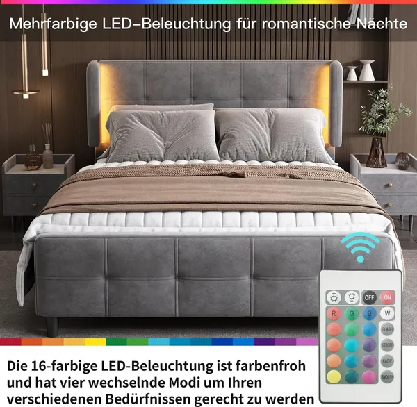 Polsterbett mit LED-Beleuchtung und Lattenrost, 140x200 cm, Doppelbett, Kopfteil höhenverstellbar, Samt Bild 3