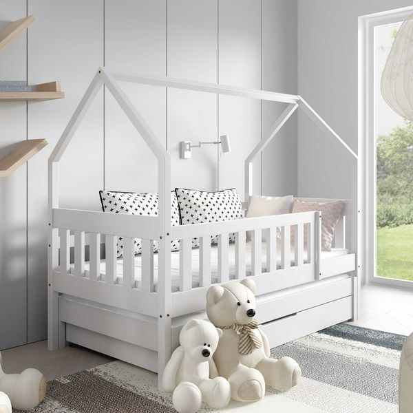 Kinderbett mit Matratze und Schublade 160 x 80 cm Kinderbett mit Unterbett Doppelbett Weiß NINA