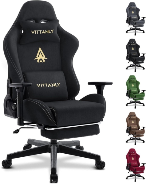 Gaming Stuhl Vittanly Schwarz, Ergonomisch mit Fußstütze & Kopfstütze