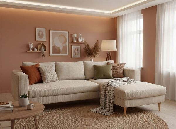 TRENDMANUFAKTUR Ecksofa Amazing, wahlw. mit Schlaffunktion & Bettkasten, Fuß Buche lackiert, Recamiere beidseitig montierbar, L-Form,in Cord o. Struktur, B: 232 cm