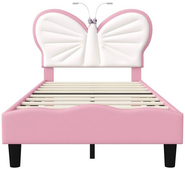 Furnishings Home Kinderbett Polsterbett LED mit Hasenohren Kopfteil 90x200 cm (1-tlg, Kopfteil höhenverstellbar, LED Leselampe), Einzelbett mit Schmetterlings Kopfteil und Lattenrost, Samt