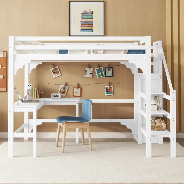 Hochbett mit Kleiderschrank, Schreibtisch, Lattenrost, Treppe und Rausfallschutz, 140x200 cm, Kinderbett, Kiefer