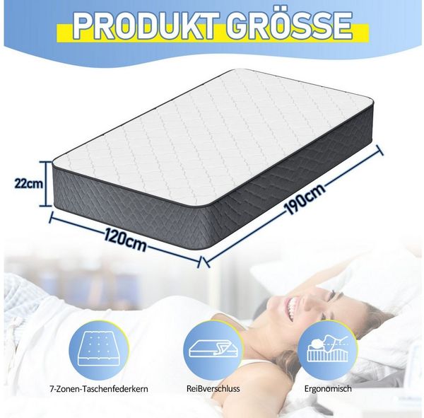 Komfortschaummatratze Matratze Taschenfederkernmatratze 7 Zone 120x190x22cm Weiß+Grau H3, Clanmacy, 22 cm hoch
