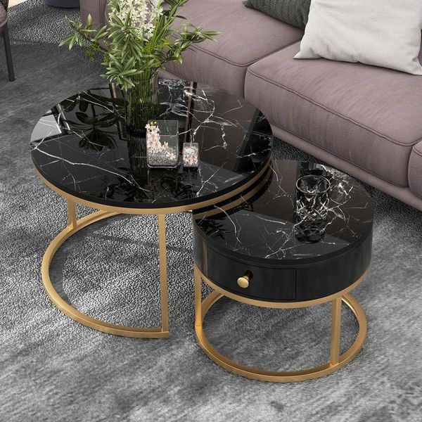 Merax Couchtisch Set rund Satztisch Wohnzimmertisch 1,5 cm Platte, hochglanz Marmoroptik aus Holz mit goldem Metallbeine