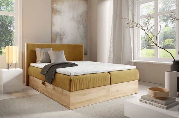 Boxspringbett Schlafzimmerbett ROLAND PREMIUM 180x200cm in Stoff Lincoln Honiggelb