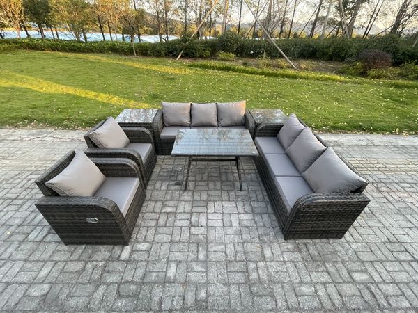 Fimous 8-Sitzer Rattan Gartenmöbel Sofa Set Tisch & Stühle Set mit 3-Sitzer Sofa Rechteckiger Esstisch 2 Beistelltischen Dunkelgrau Gemischt