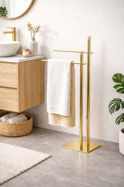Handtuchhalter Stand freistehend 91 cm Messingoptik Gold – 2 Stangen + Bodenplatte – ohne Bohren