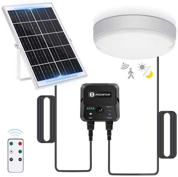 Aigostar LED Solarleuchte Solarlampe Decke Außen LED Solar Deckenleuchte Outdoor, mit 8m Kabel, Sensorschalter, LED fest integriert, Kaltweißes Licht