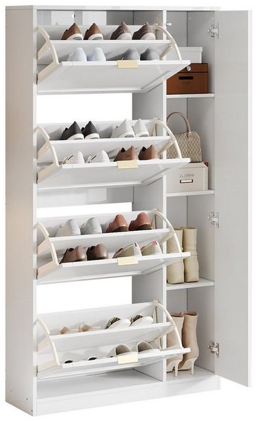 Refined Living Schuhschrank mit Spiegel, 4 klappbaren Aufbewahrungsfächern (Maße: B80/H147/T24 cm, Flurmöbel Weiß, Schuhschrank mit Stauraum, erstellbarem Regalbrett hinter dem rechten Spiegel) für den Flur