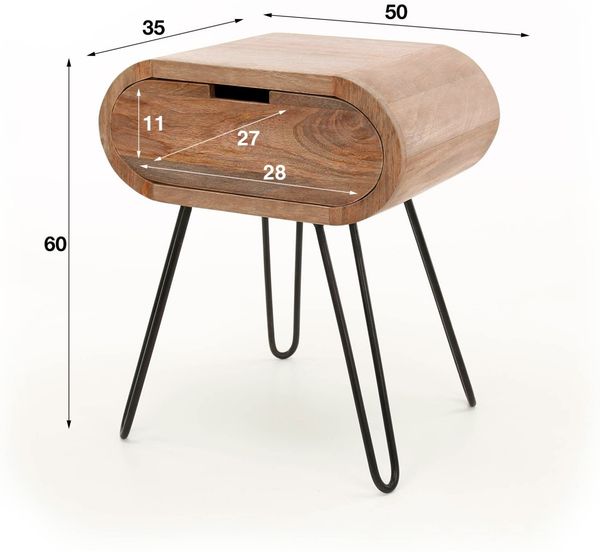 Nachttisch Kavay Mangoholz massiv, modernes Design mit Schublade, naturbraun, abgerundete Form Bild 5