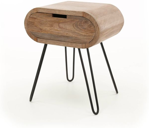 Nachttisch Kavay Mangoholz massiv, modernes Design mit Schublade, naturbraun, abgerundete Form