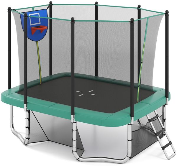 3 in 1 Rechteckiges Trampolin mit Leiter & Basketballkorb & Fußballtor Kindertrampolin Grün