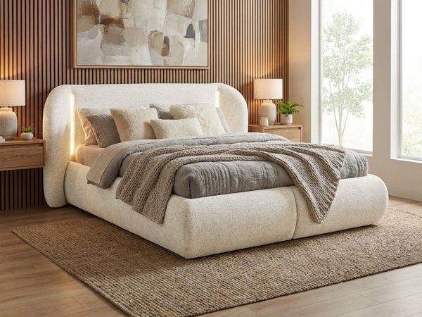 Beautysofa Polsterbett CORFU mit Bettkasten und LED‑Kopfteil (Weicher BELLA‑Chenille‑Stoff in 6 modernen Farbtönen, Doppelbett in moderner, abgerundeter Form), Erhältlich in 3 Breiten