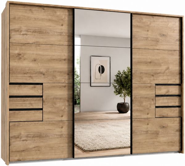 Schwebetürenschrank Kleiderschrank 3trg 273cm Eiche Dekor Spiegel u Passepartout