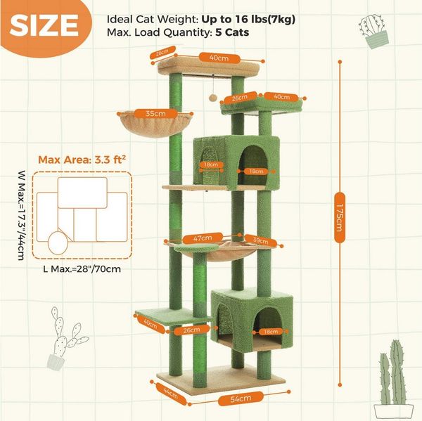 PAWZ Road Kratzbaum 175 cm Katzenbaum XXL, Extra großer Kratzbaum für große Katzen