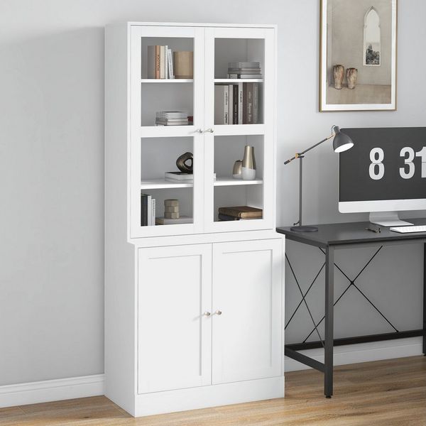 HOMCOM Bücherregal Bücherschrank 178,5 cm Hochschrank mit Glastür 6 Fächern, Küchenschrank 1-tlg, für Wohnzimmer Büro Weiß