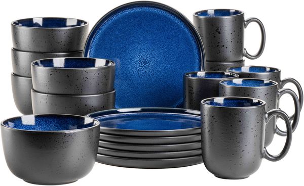 Modernes Geschirr Set für 6 Personen in aufregendem Vintage Look, 18-teiliges Frühstücksgeschirr Service aus Keramik in Blau und Schwarz