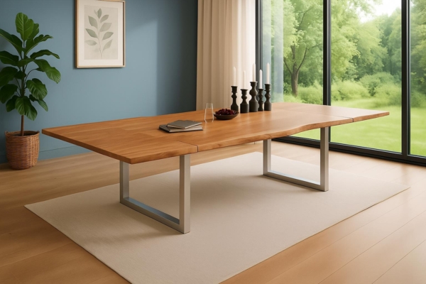 Esstisch Baumkante Akazie natur 180(280)x90 Ansteckplatten silber ADINA 70216202