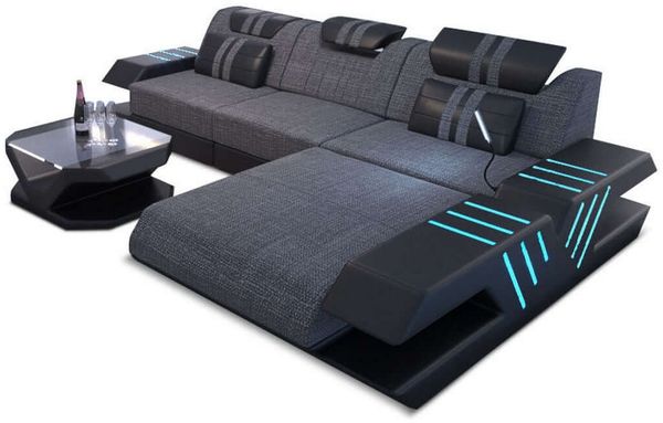 Stoff Sofa Venedig L-Form mit LED - Strukturstoff - Grau-Schwarz - Rechts