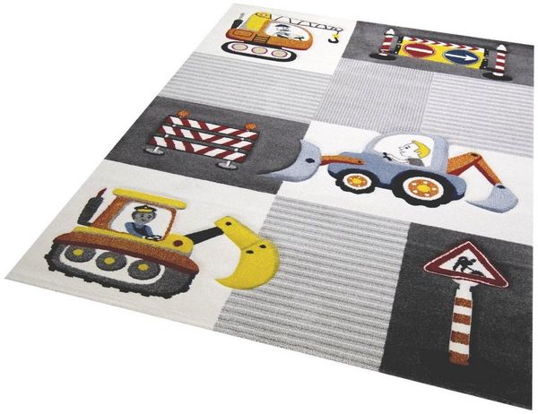 Carpetia Kinderteppich Kinderzimmer Straßenschilder Bagger Kran creme grau gelb, rechteckig, Höhe: 13 mm