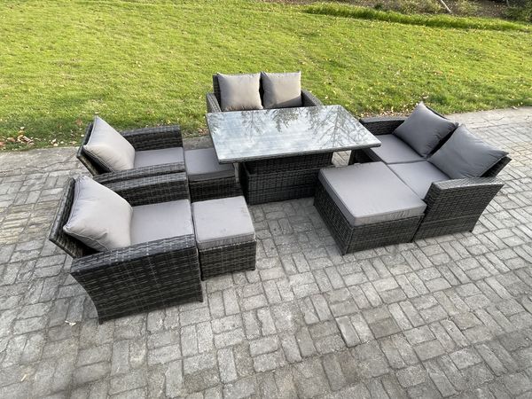 Fimous Gartenmöbel-Set im Freien 8 Stücke Polyrattan Möbel Sofa Esstisch Set mit 3 Hocker Dunkelgrau Gemischt