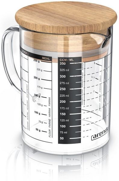 Arendo Messbecher Glasbehälter 350 ml luftdicht, Küchenbehälter mit Bambusdeckel, Glas, Silikondichtung, für Mehl Zucker Gewürze Flüssigkeiten Süßigkeiten