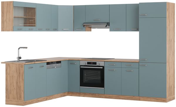Eckküche R-Line Blau-Grau/Goldkraft Eiche 287 x 60 cm , AP Eiche Vicco