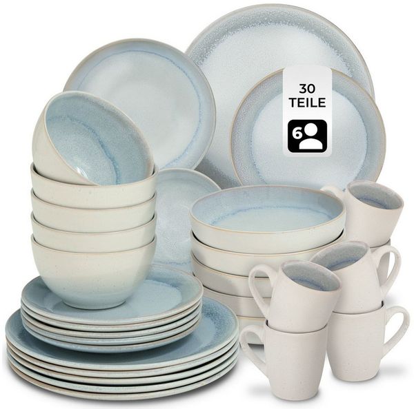 tectake Geschirr-Set Kombiservice (30-tlg), 6 Personen, Steingut, für 6 Personen, handgefertigt