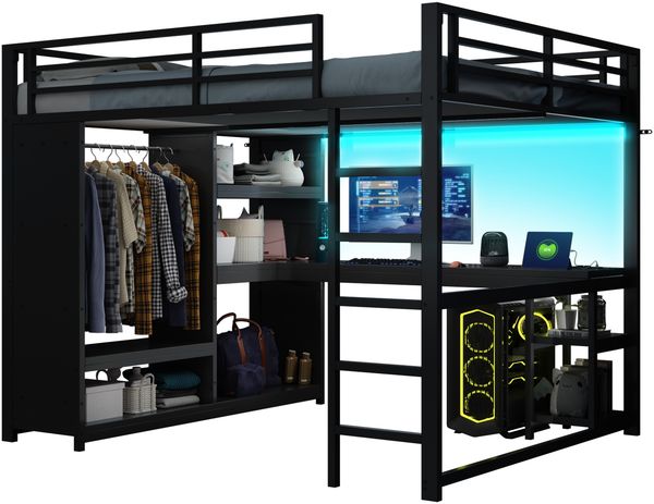 160x200 Metall-Gaming-Hochbett mit LED, Schreibtisch, offenem Kleiderschrank und Ablagefächern, Schwarz