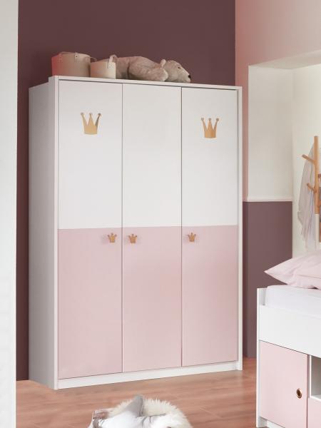 Kleiderschrank >CINDY2< (BxHxT: 139x199x58 cm) in WEISS + ABSETZUNGEN ROSE